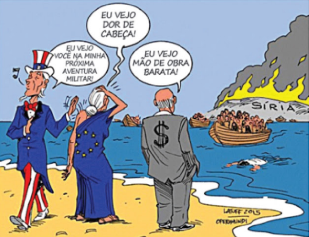 charge retangular colorida, de autoria de Latuff, 2015. Em uma praia, há no primeiro plano três pessoas da esquerda até o centro da imagem, na areia; em segundo plano o mar com alguns barcos lotados de pessoas, um corpo de um homem boiando na água; e, ao fundo, no canto direito, em terceiro plano, uma porção de terra cinza pegando fogo identificada com a palavra Síria. A primeira figura que está na areia é um homem branco, com cabelos e cavanhaque na cor branca e roupas com as cores da bandeira dos Estados Unidos, no estilo da figura do Tio Sam: fraque azul, camisa branca, gravata borboleta vermelha, calças listradas de vermelho e branco, sapato branco e cartola nas três cores também. Ele está de costas para o mar, de frente para o leitor, quase saindo da cena. Uma mão dentro do paletó e outra batendo nas costas da senhora ao lado, como quem se despede, de cabeça erguida e assobiando. Em um balão de fala, ele diz: 
                  'Eu vejo você na minha próxima aventura militar!'. Logo à sua direita, a segunda figura humana na areia
                  é uma senhora branca, de cabelos brancos presos em um coque, e vestida com a bandeira da União
                  Europeia, como um vestido de um ombro só: azul com estrelas amarelas em um círculo central. Ela tem
                  uma das mãos solta para baixo e leva a outra à cabeça, em pose de preocupação, ao olhar em direção ao
                  mar e aos barcos que chegam em direção à praia. Ela diz: 'Eu vejo dor de cabeça!' . Ao seu lado, a
                  terceira pessoa na areia é um senhor branco, calvo, com cabelos brancos. Ele usa um terno cinza com um
                  símbolo de um cifrão de dinheiro nas costas. Ele está de costas para o leitor, de frente para o mar,
                  com as mãos no bolso da calça e diz: 'Eu vejo mão de obra barata'.